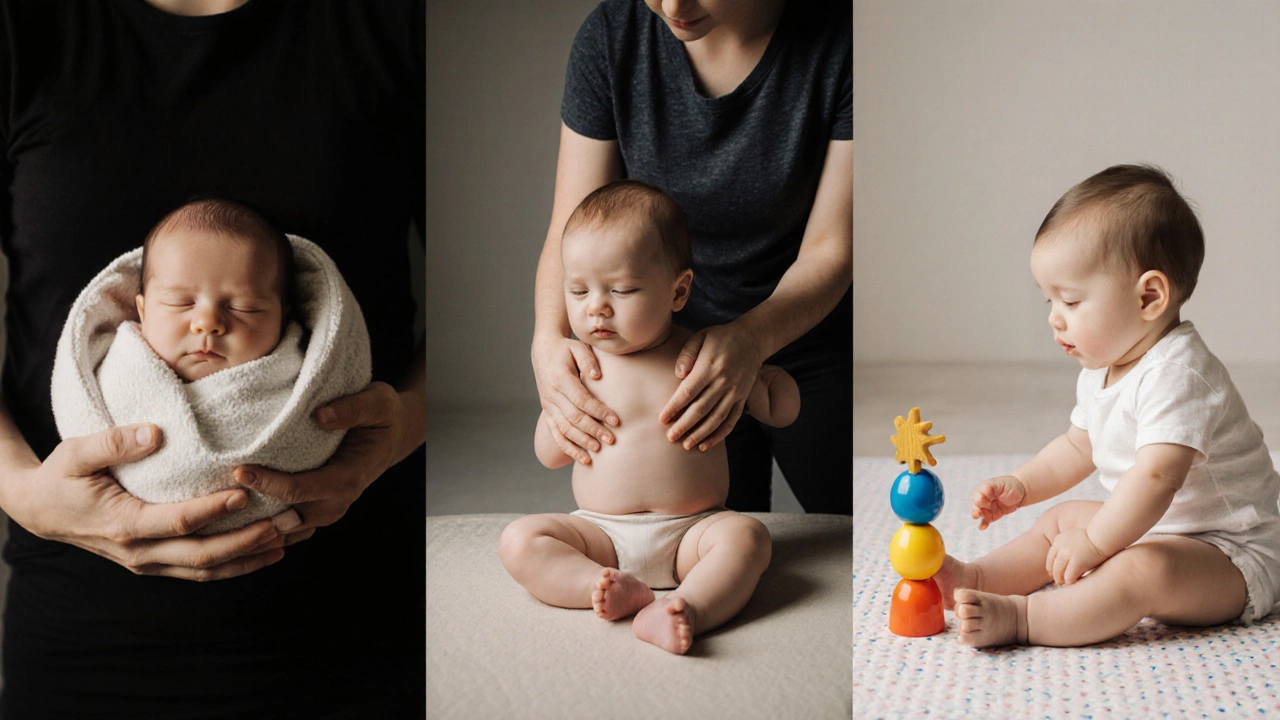 Three developmental stages of infant sitting: curled, supported, and independent, showing progression over time.