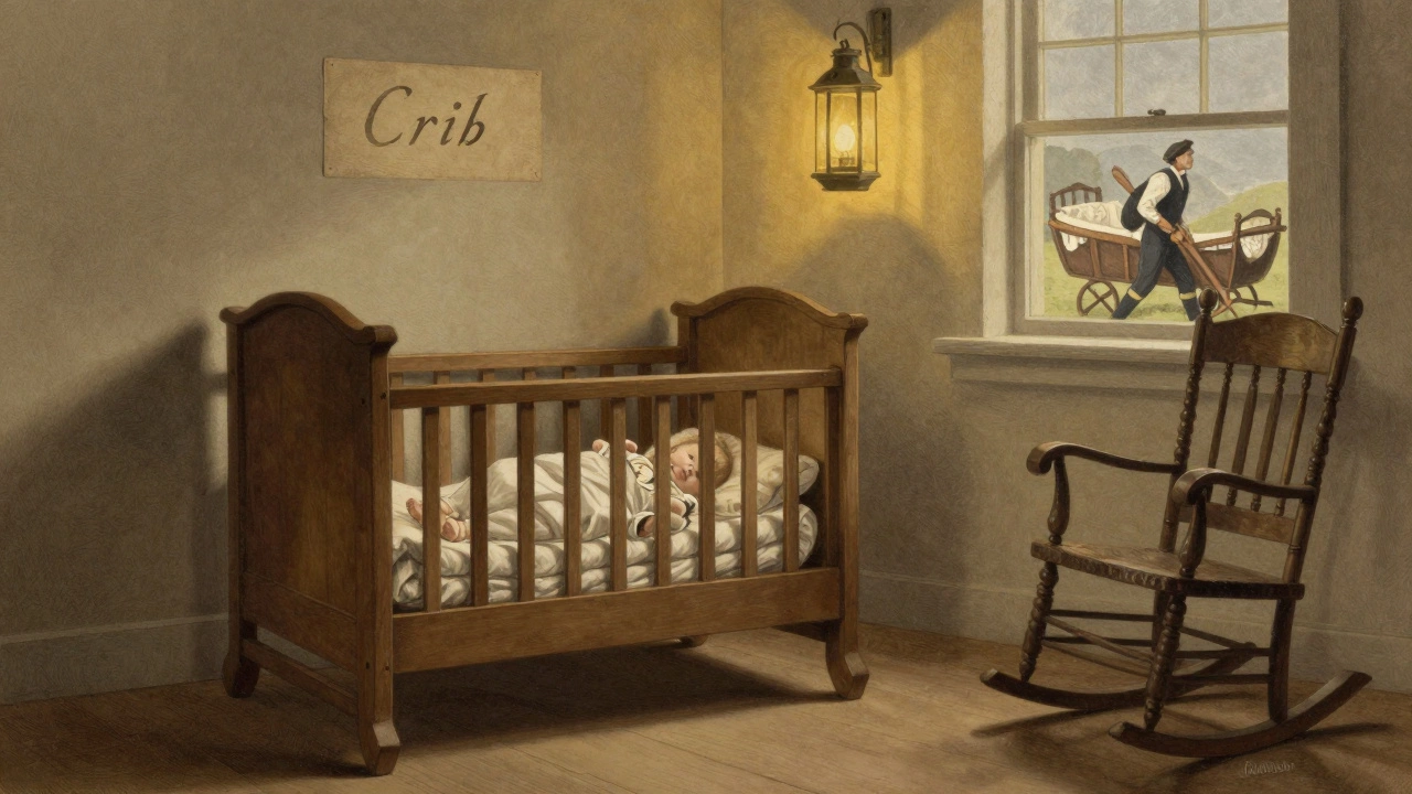A 17th-century colonial nursery with a wooden crib and soft lantern light.