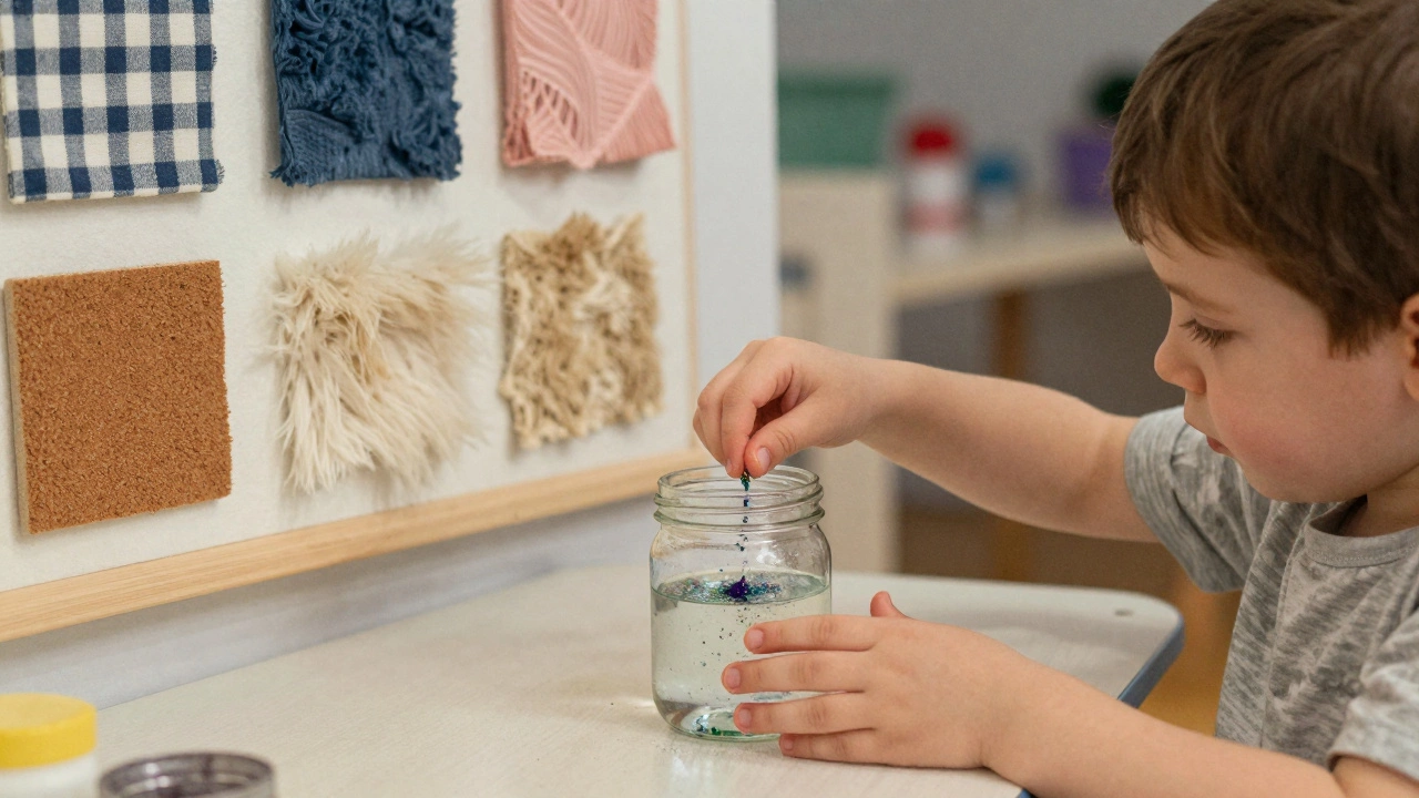 A child watching glitter settle in a sealed sensory jar, calm and focused.