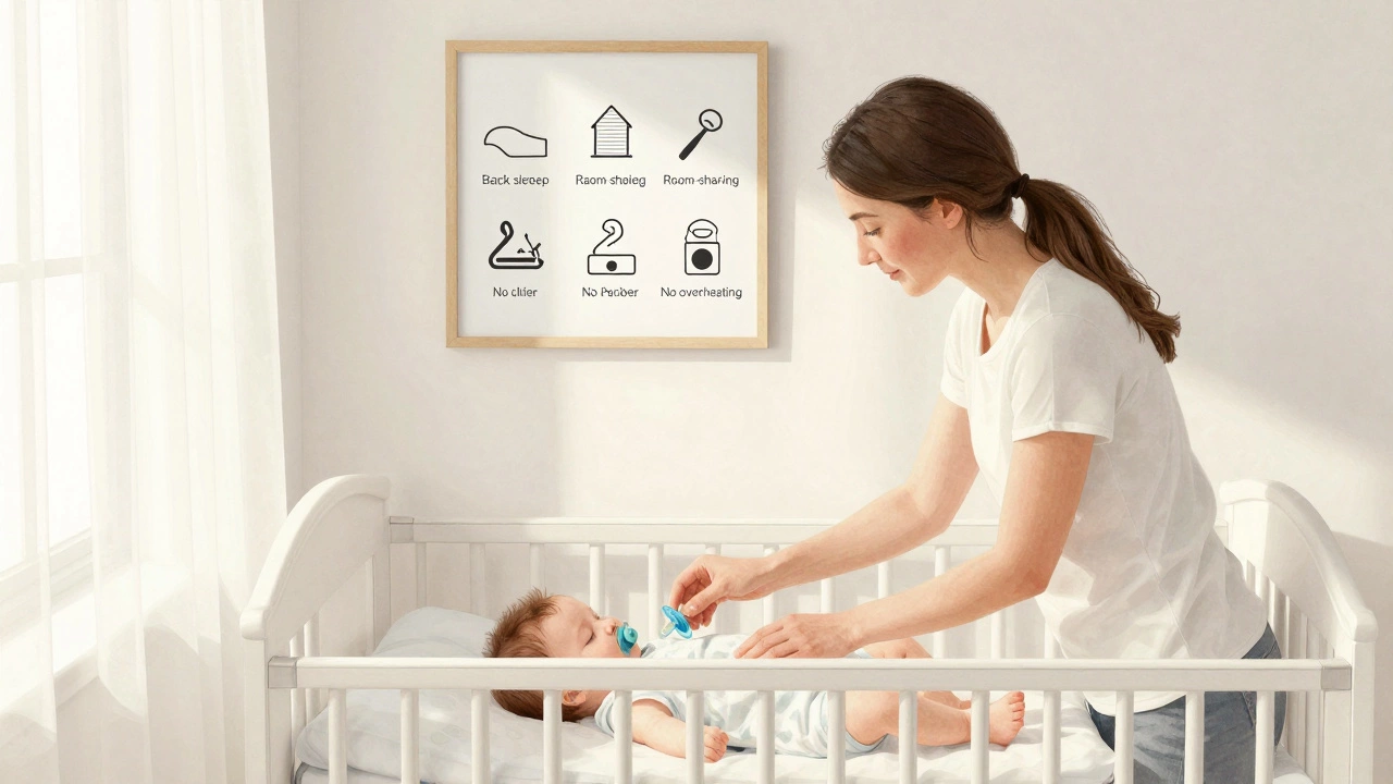 A mother places a pacifier near her sleeping baby, with a poster showing proven SIDS prevention steps.