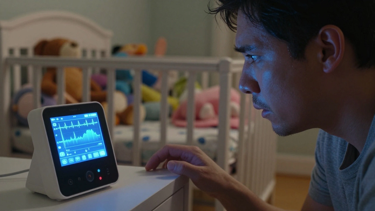 A parent stares at a smart monitor displaying false alarms while unsafe sleep items clutter the crib.