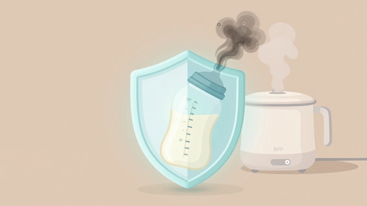 Baby bottle shaped like a shield blocking harmful chemicals, with steam rising in background.