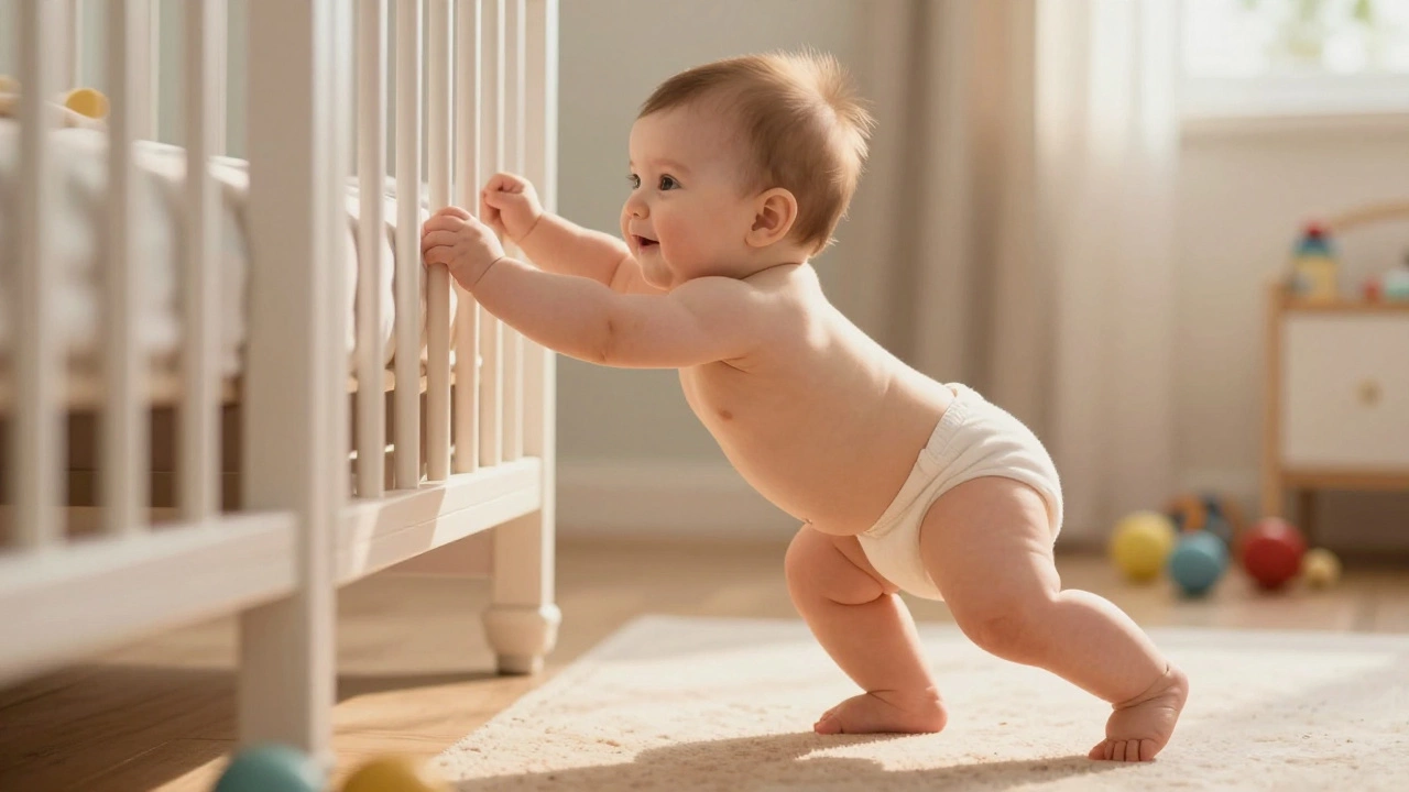 Baby pulling up to stand while holding onto crib edge, exploring independently.