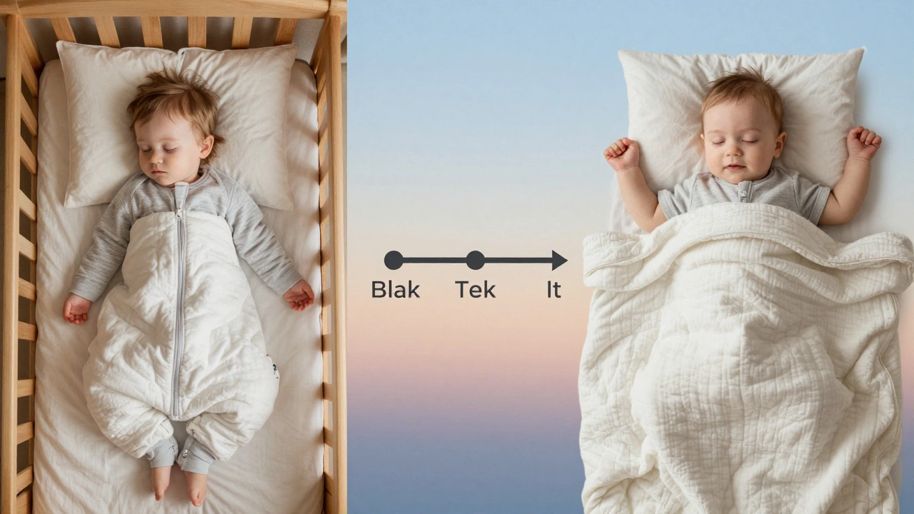 Child transitioning from sleep sack to blanket, shown in two peaceful sleep scenes.
