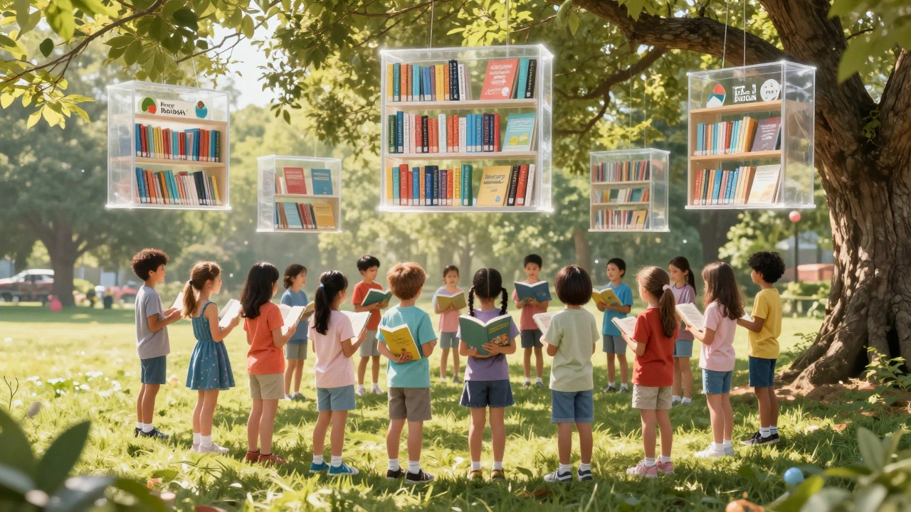Children holding books under a tree, with floating bookshelves above them in a dreamy style.