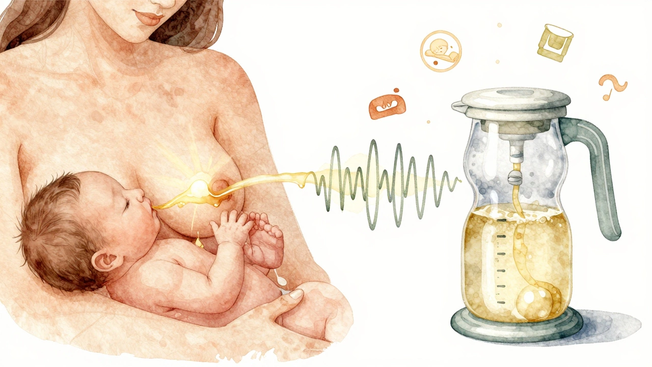 Conceptual watercolor of breastfeeding and pumping as complementary forces in milk production.