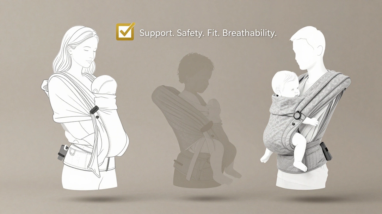 Four types of baby carriers arranged around a baby in safe positioning with key features highlighted.