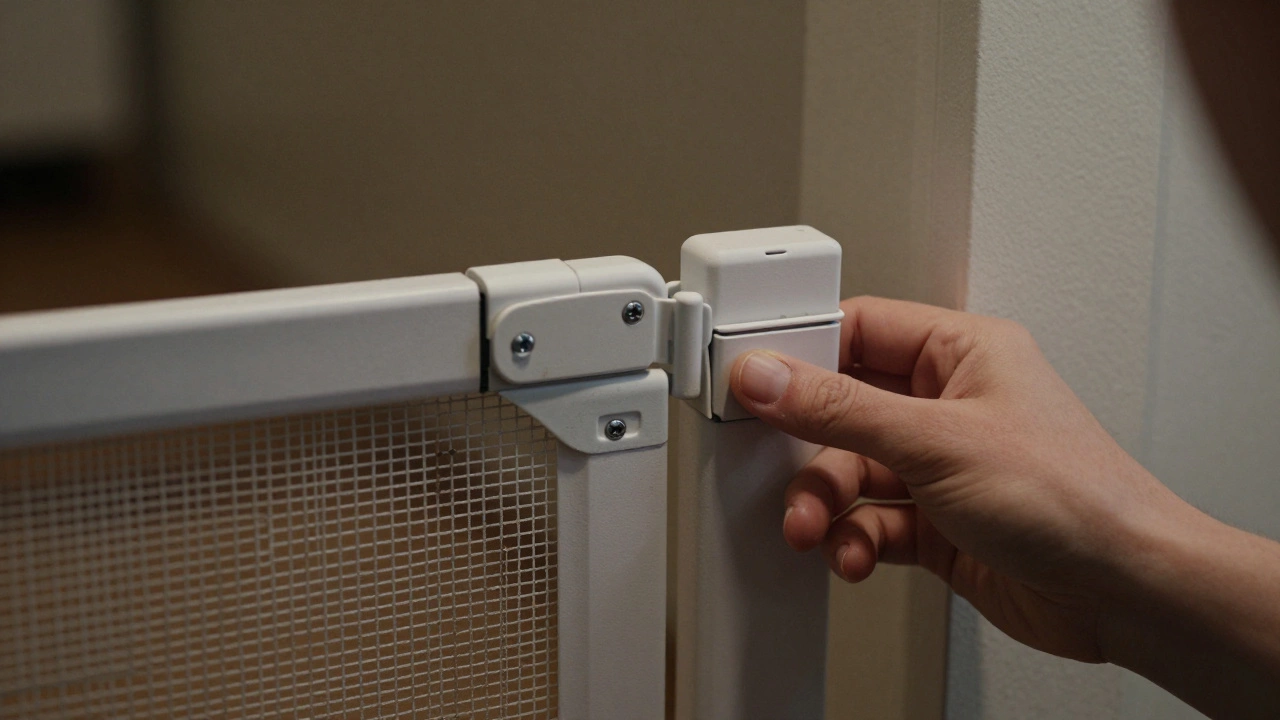 Hand testing a baby gate for loose screws and unsafe gaps.