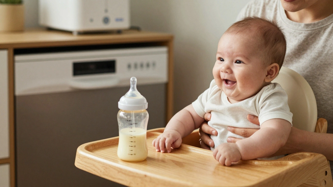 Happy 4-month-old baby being held, clean bottle on high chair tray, dishwasher visible in background.