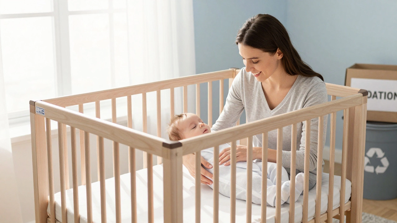 Modern safe crib with parent putting baby to sleep, soft light, and recycled old crib in background.