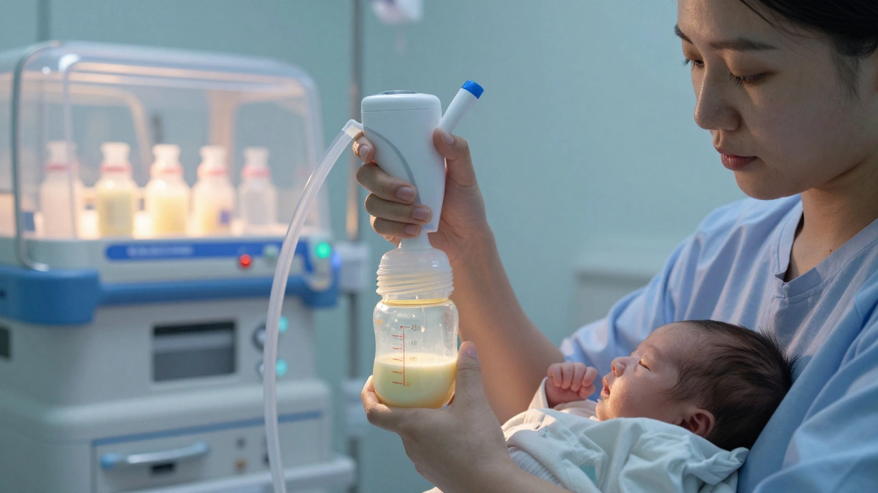 Mother pumping breast milk in NICU, hospital-grade pump collecting colostrum in small bottles.