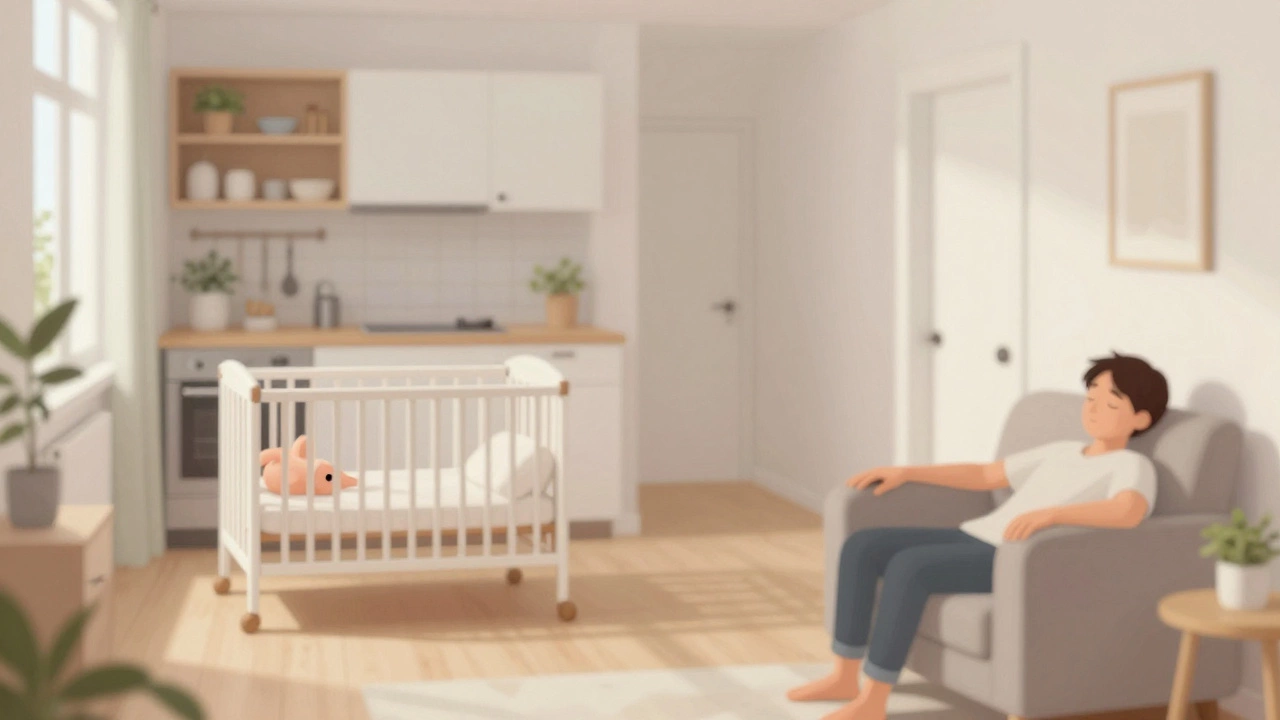 Open-plan home with crib near kitchen, parent sleeping lightly nearby without monitoring devices.