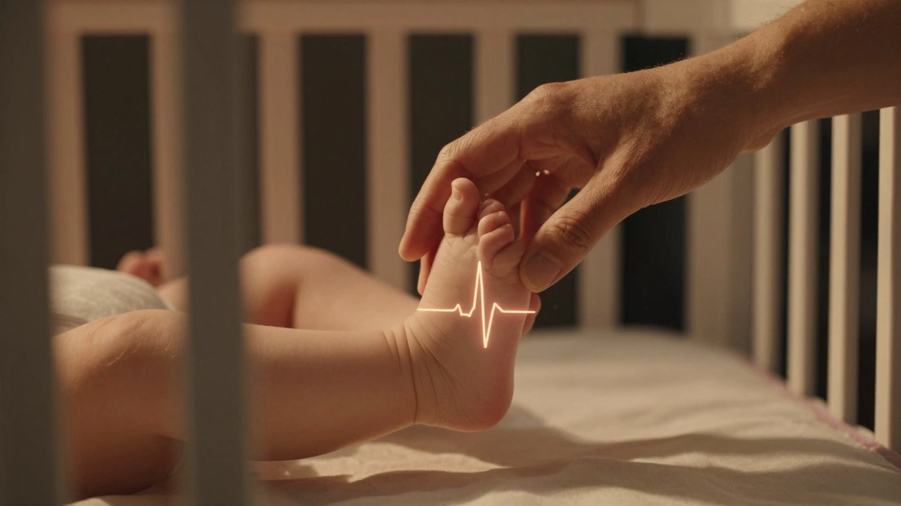 Parent&#039;s hand touching baby&#039;s foot in crib, symbolizing instinctive connection without technology.