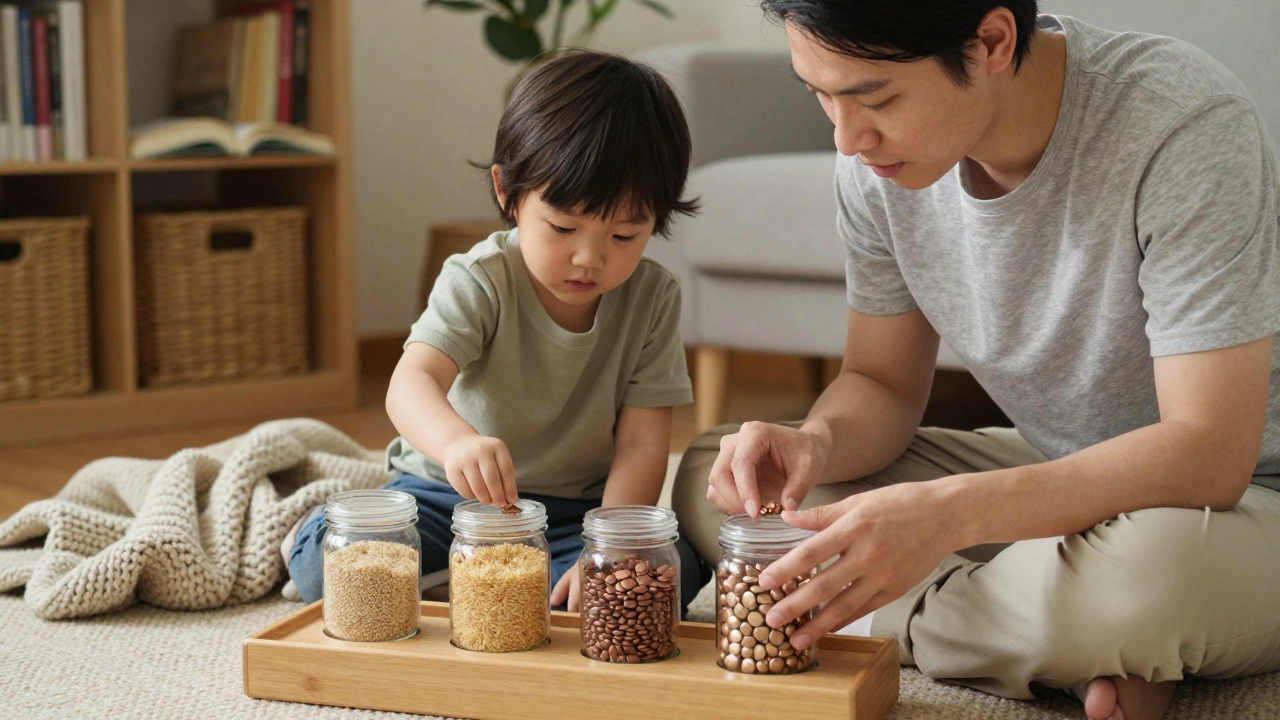 Parent and child listening to sounds from sealed jars in a sensory matching game.