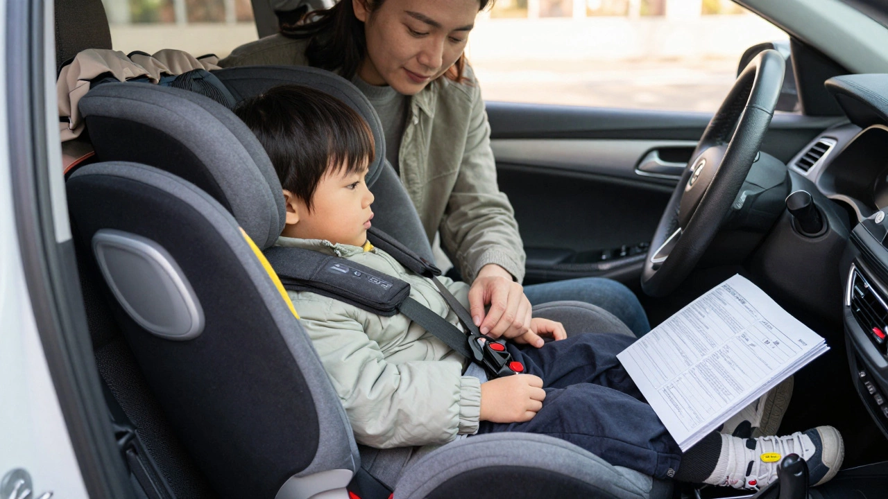 Parent checking harness straps on a child&#039;s car seat while a winter coat rests on the backseat.