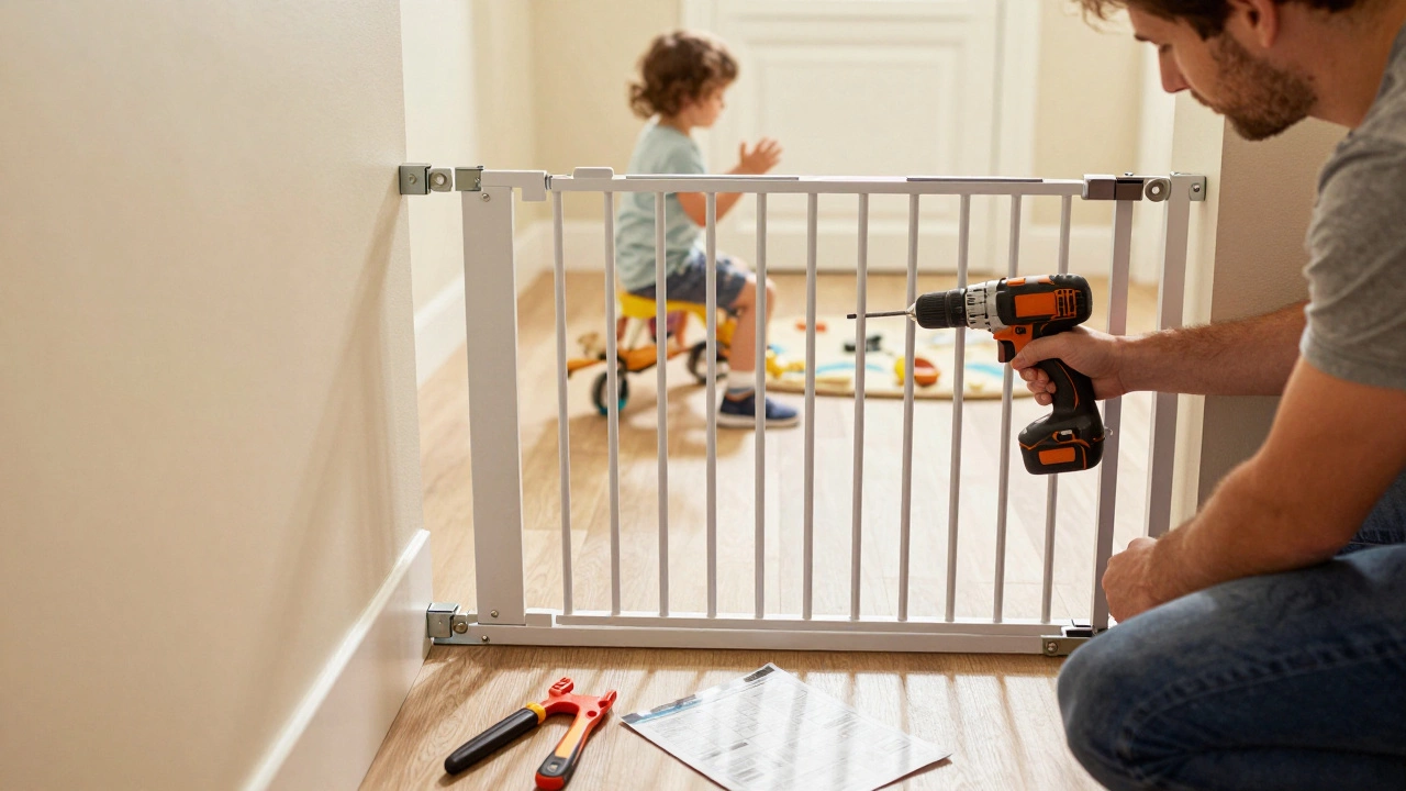 Parent installing a hardware-mounted baby gate with drill into wall studs.