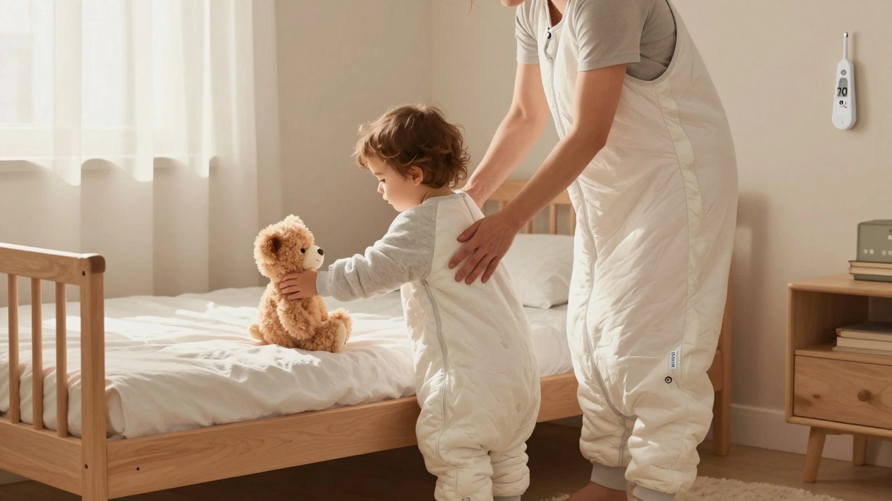 Parent tucking a toddler into a 2.0 TOG sleep sack in a warm, well-lit bedroom.