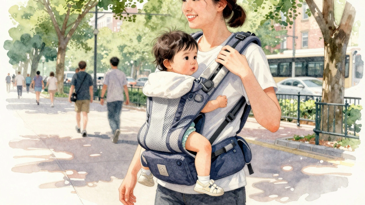 Parent walking in a park with toddler in a breathable baby carrier under dappled sunlight.