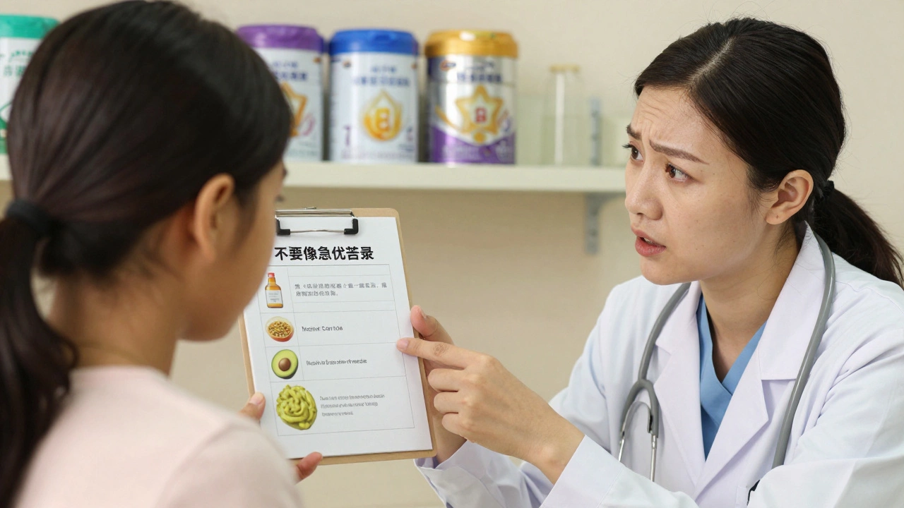 Pediatrician showing safe feeding options to worried parent in clinic.