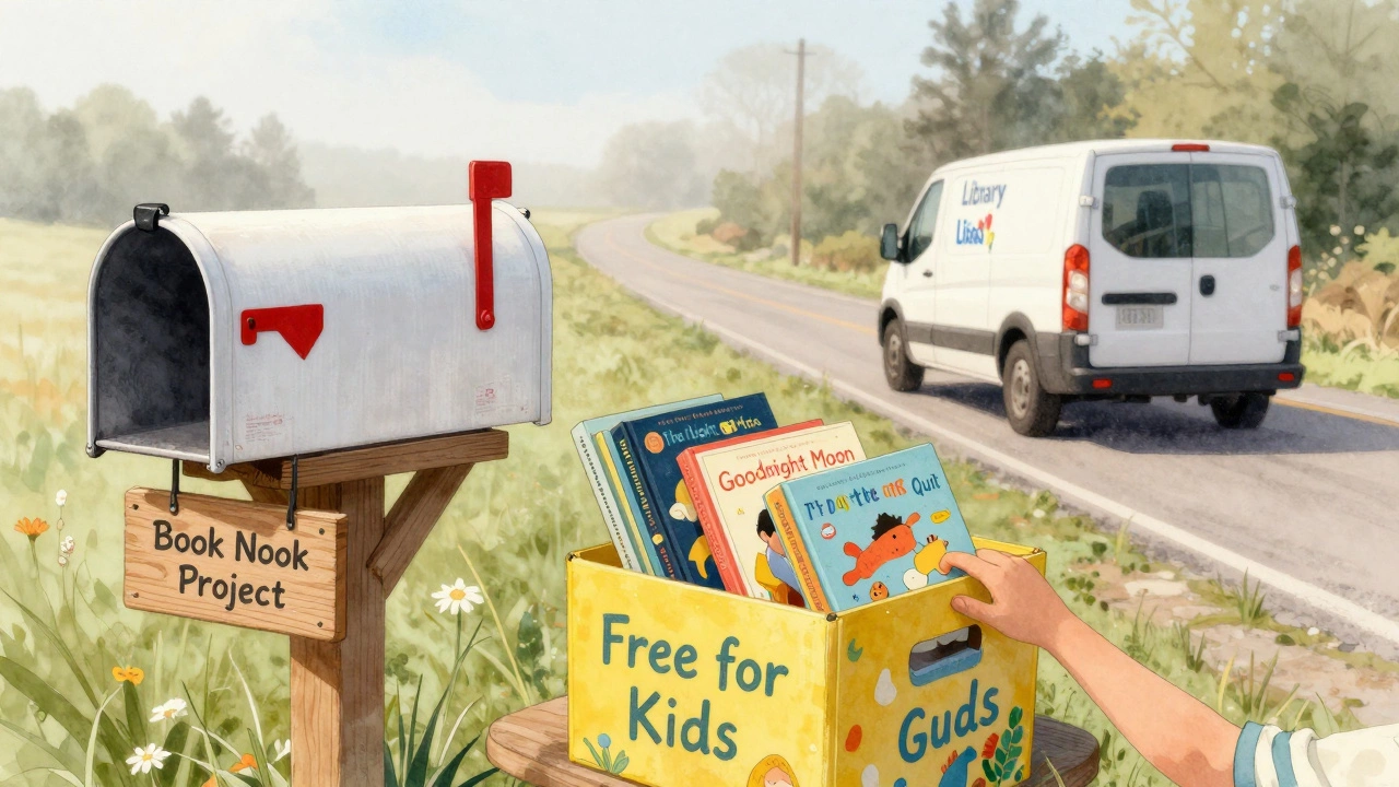 Rural mailbox with a free kids&#039; book box overflowing with picture books, delivery van in distance.