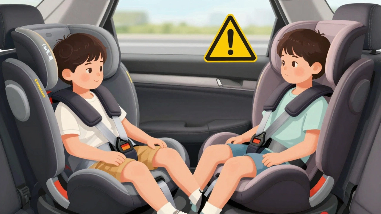 Side-by-side comparison of a child in a harness seat versus an improperly fitted booster seat.