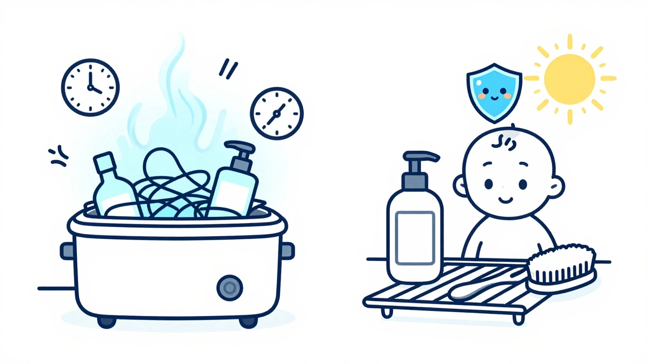 Split illustration: chaotic sterilizer on left, simple cleaning tools on right, with a glowing immune shield above a baby.