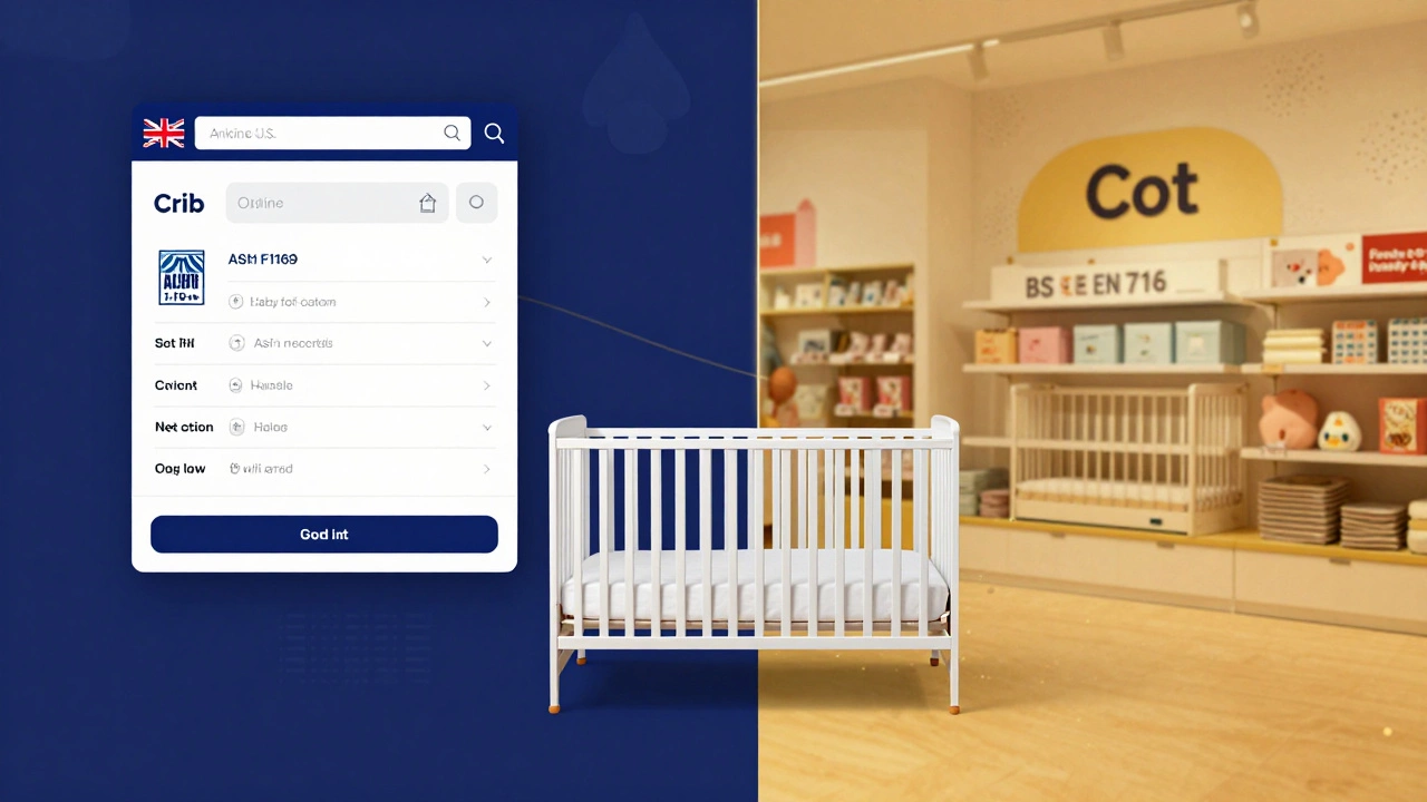Split-screen showing U.S. crib and U.K. cot online shopping results with safety labels.