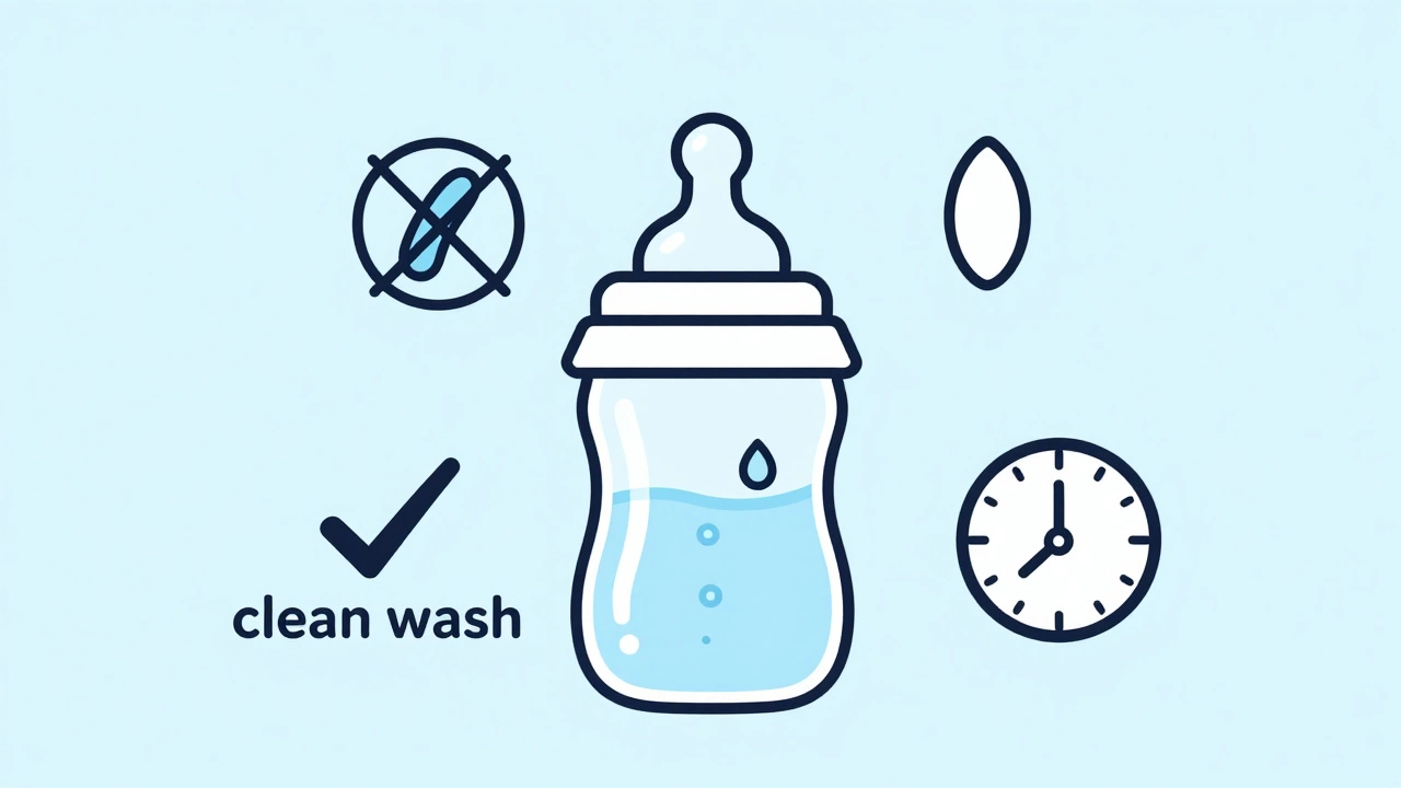 Transparent bottle with clean water droplets and icons representing cleanliness and time, minimalist style.