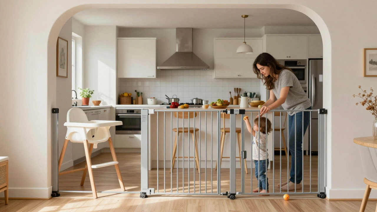Trellidor gate across kitchen archway, parent handing snack to child through vertical metal bars.