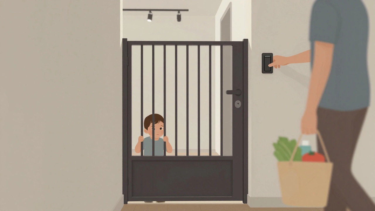 Trellidor gate locked in a narrow hallway, child peeking through bars while parent carries groceries.