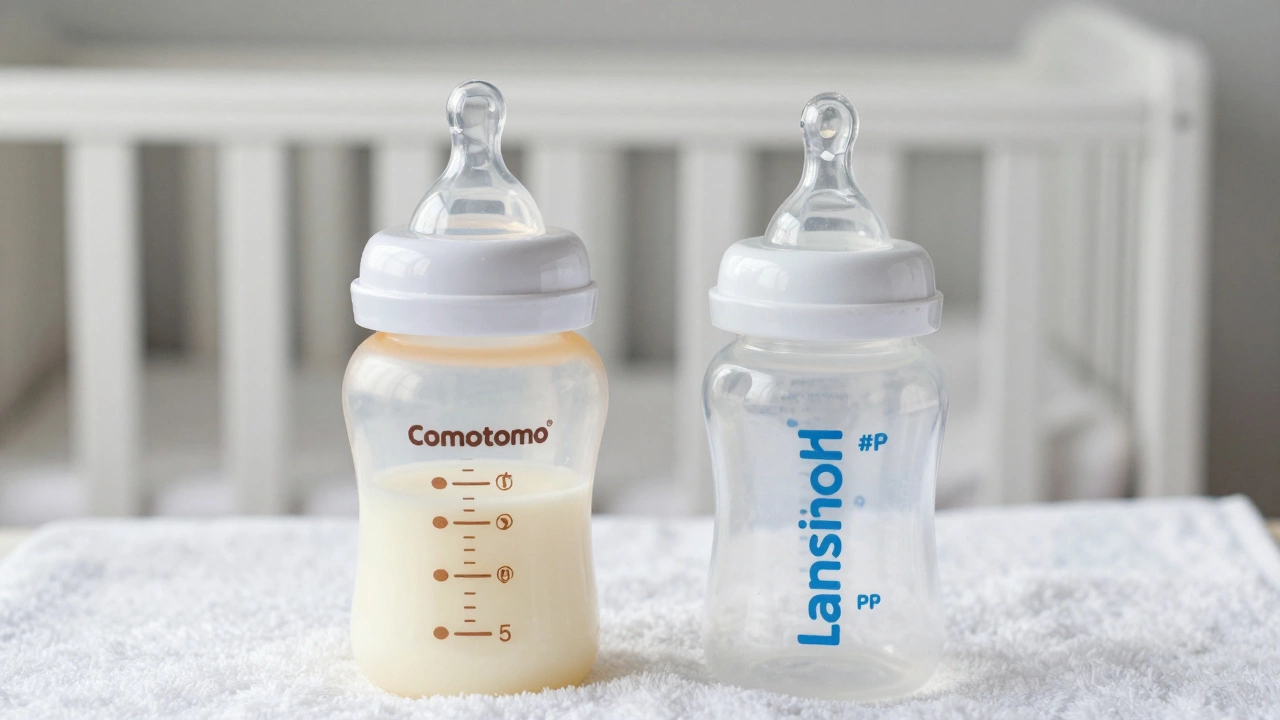 Two clean baby bottles side by side: silicone and PP plastic, no labels, showing material details.