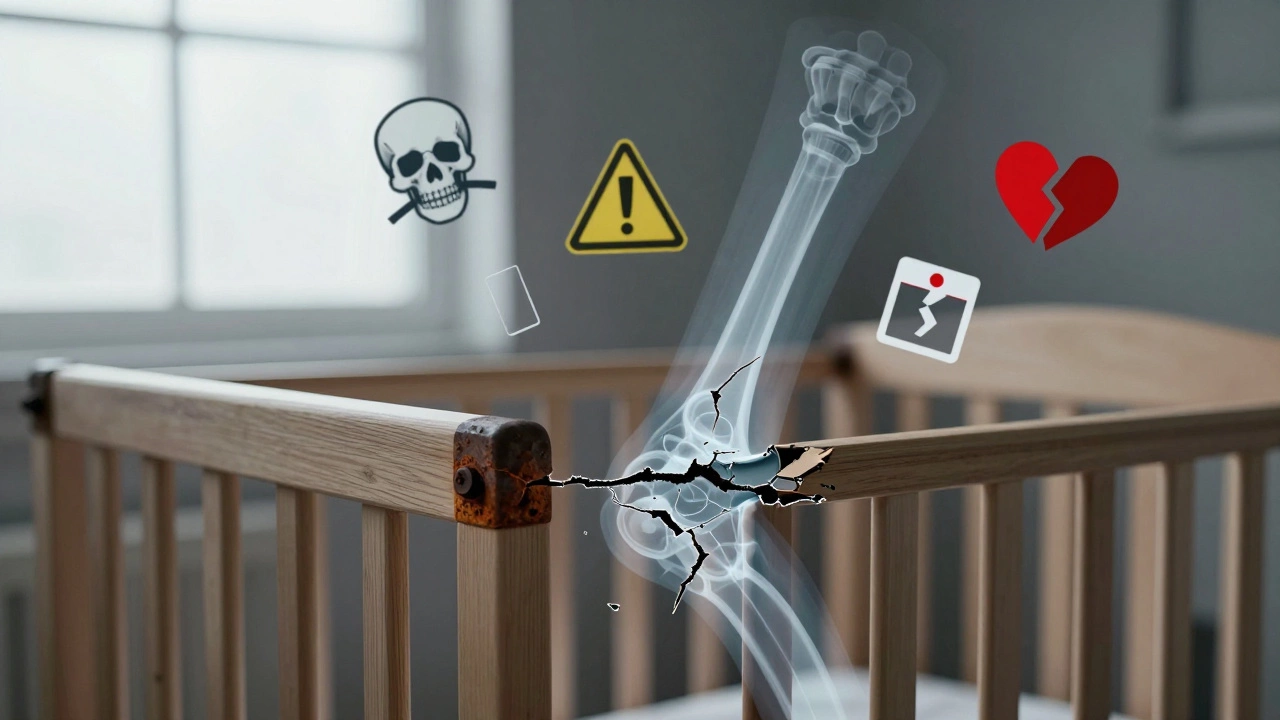 X-ray view of a crumbling crib showing hidden structural damage and safety hazard symbols.