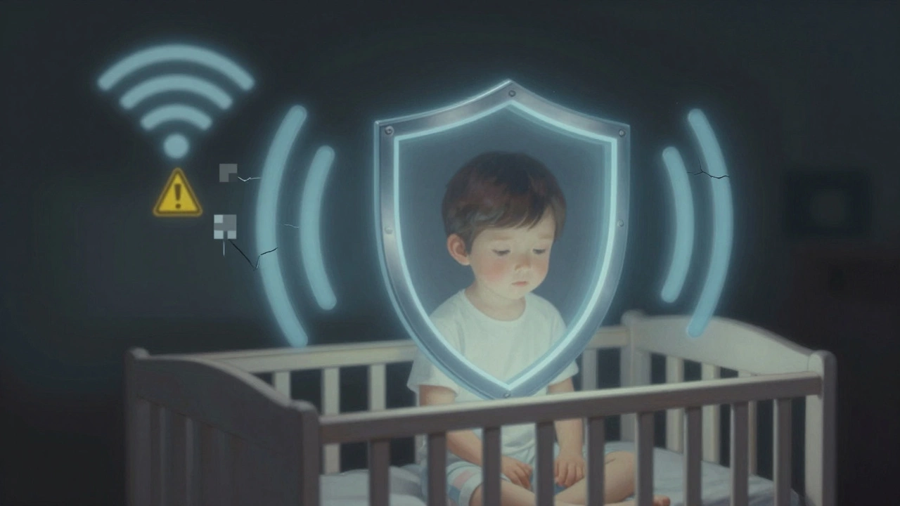 A protective shield of radio waves surrounds a crib, while distant Wi-Fi signals fade into digital static.