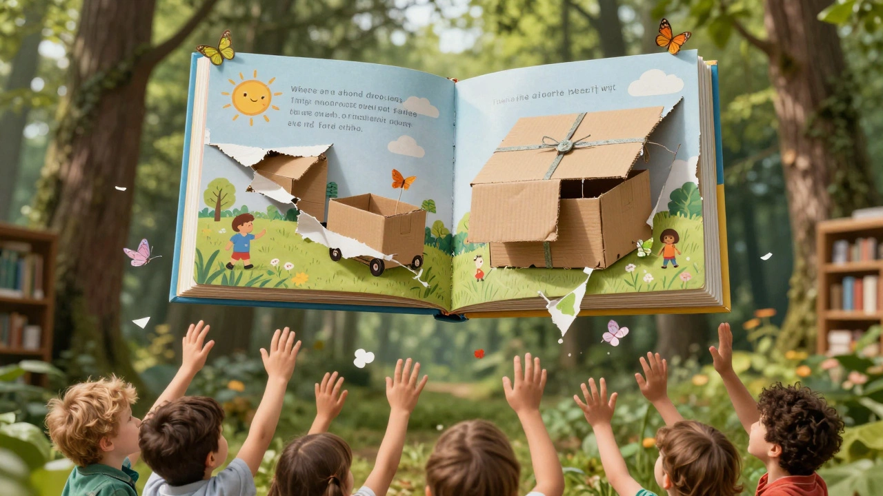 A recycled children's book transforming into cardboard and butterflies with children reaching up.
