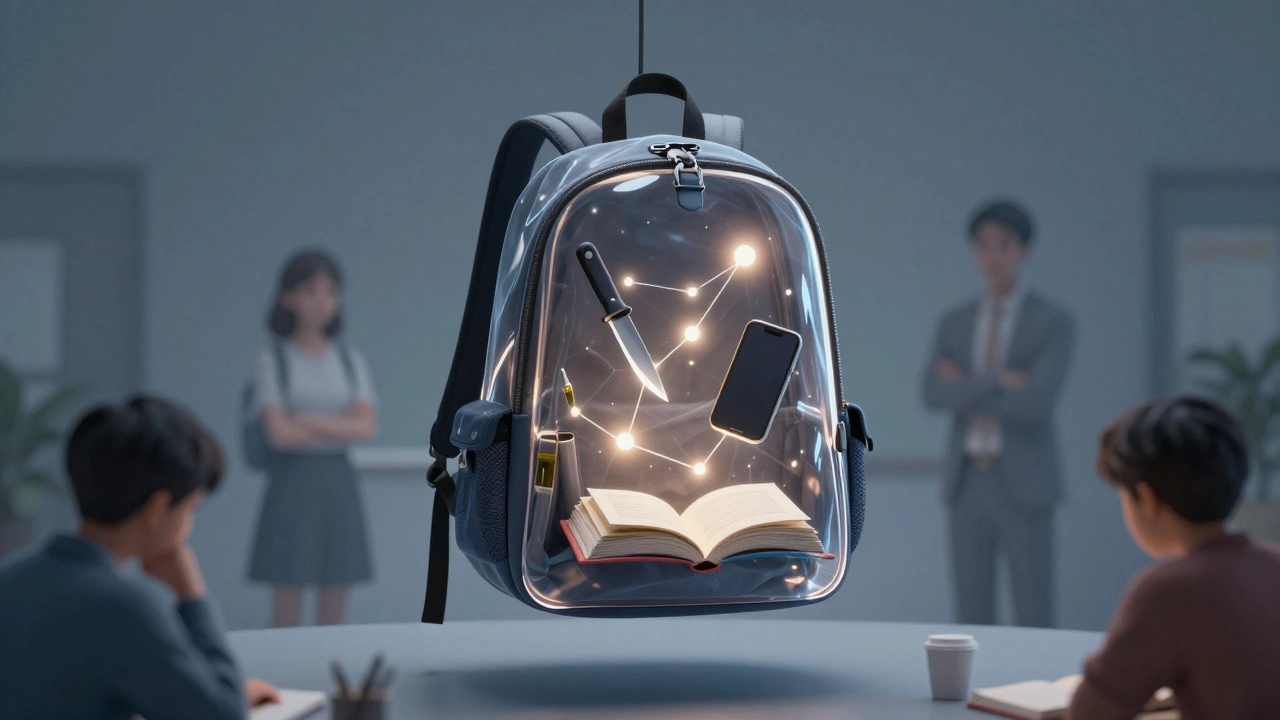 A transparent backpack floating with its contents glowing, symbolizing safety and hidden concerns.