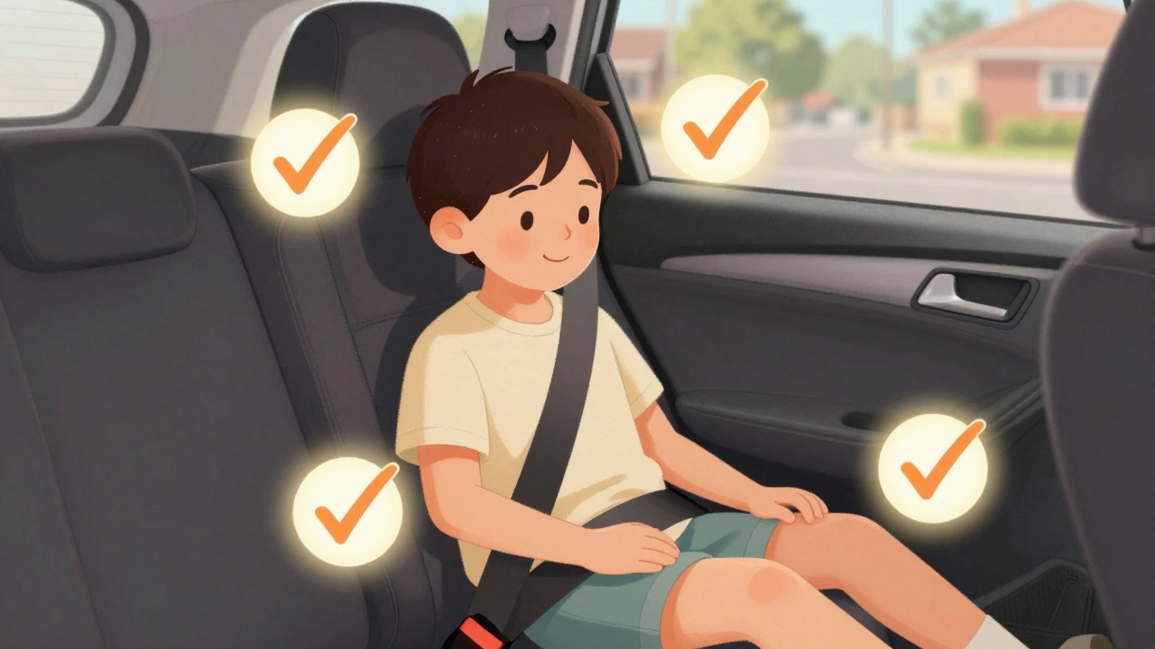 Child being tested for proper seat belt fit with visual checkmarks highlighting key positions.