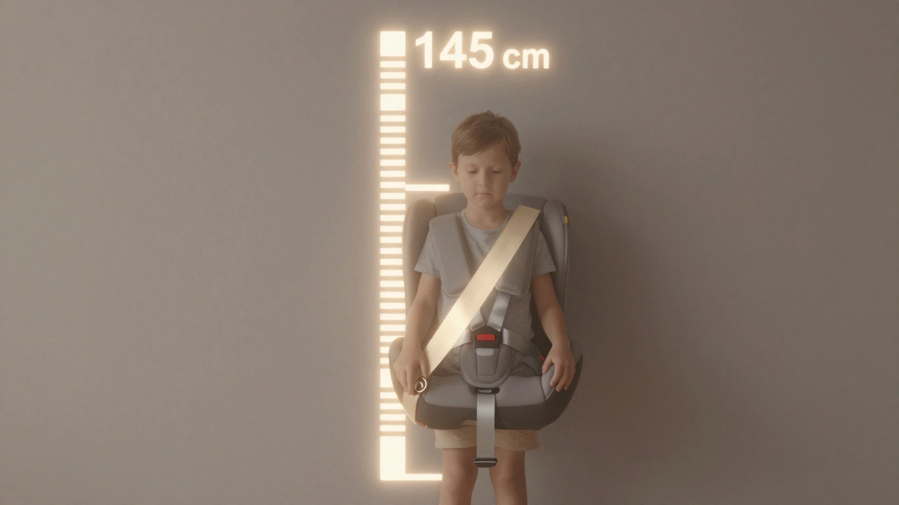 Child beside a fading booster seat with a 145 cm height marker and correctly aligned seat belt.