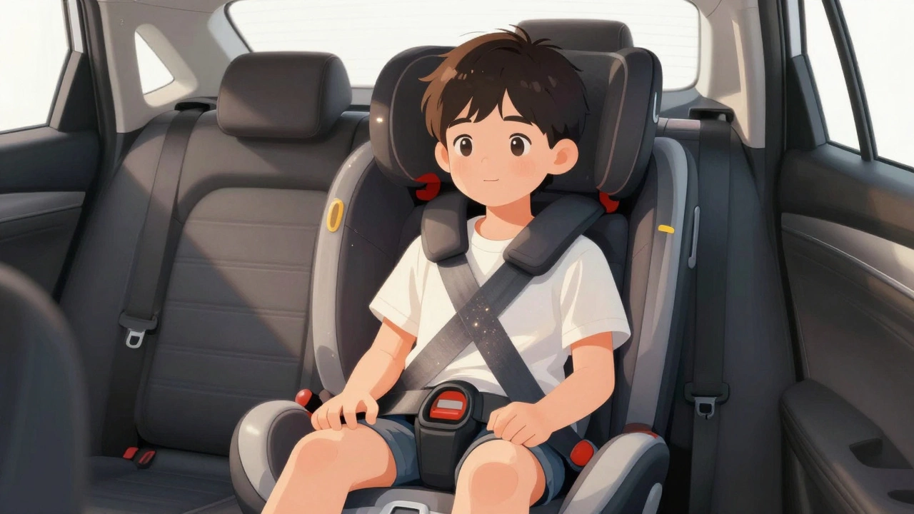 Child in high-back booster with seat belt correctly positioned across shoulder and lap.