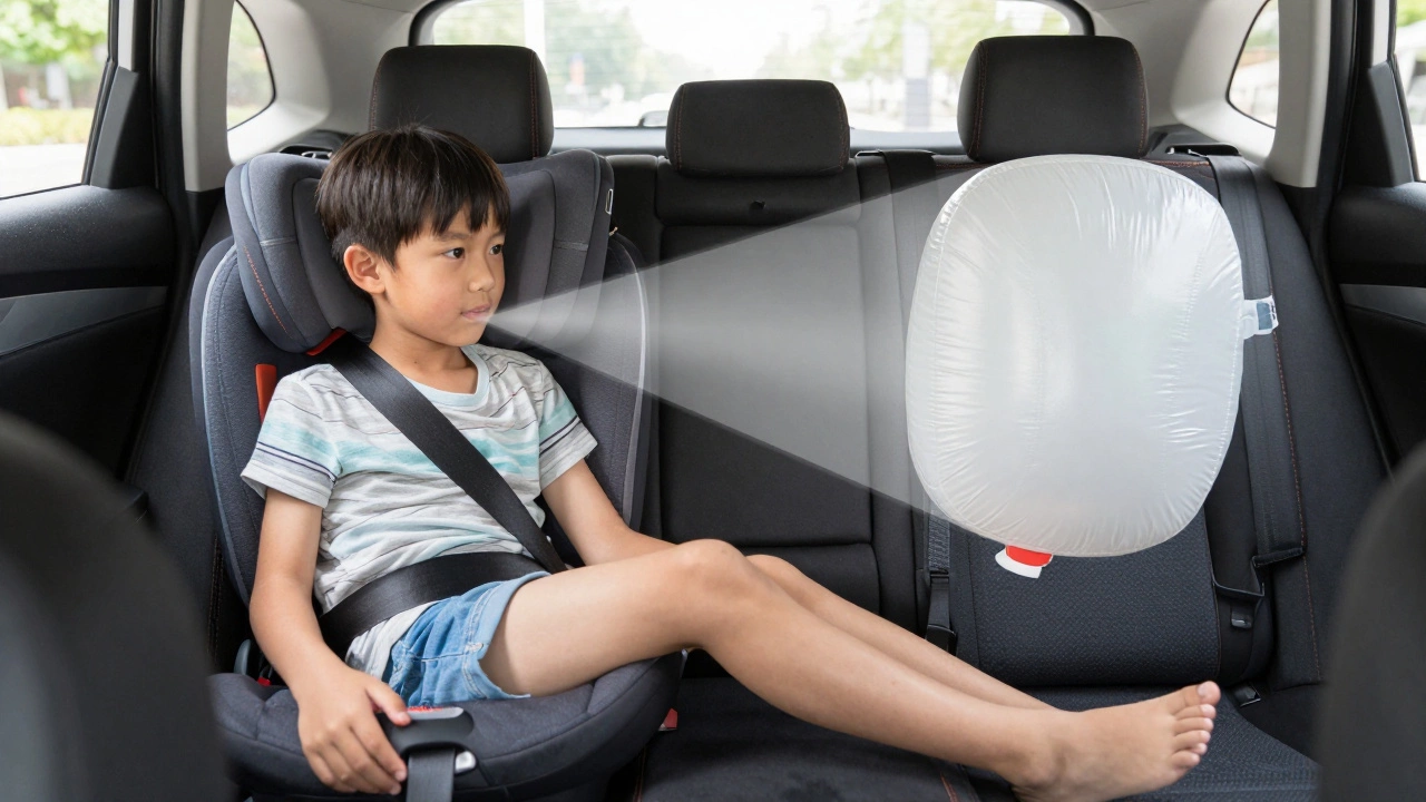Child sitting properly in back seat with seat belt fitted, front airbag implied in background.