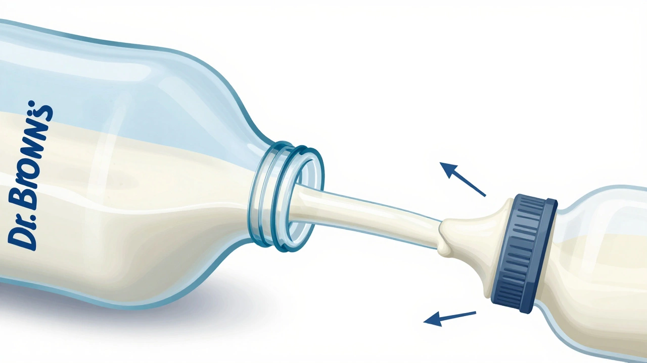 Cross-section of Dr. Brown's bottle showing clear vs blocked vent system.