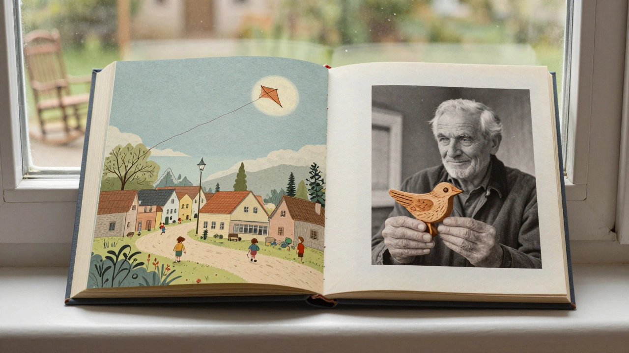 Open children's book with nostalgic illustrations and a faded photo taped inside, sunlight on windowsill.