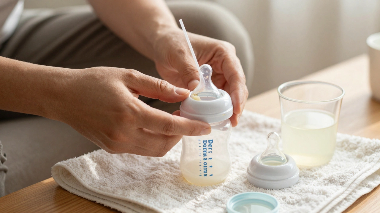 Parent cleaning Dr. Brown's bottle vent tube with a pipe cleaner.