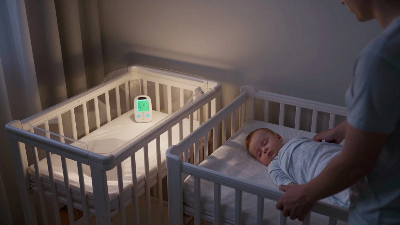 Parent placing baby into crib while bassinet sits unused, showing a smooth sleep transition.