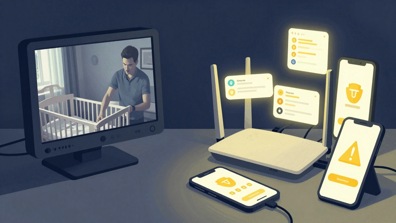 Split image showing a secure analog baby monitor on one side and a chaotic Wi-Fi network on the other.