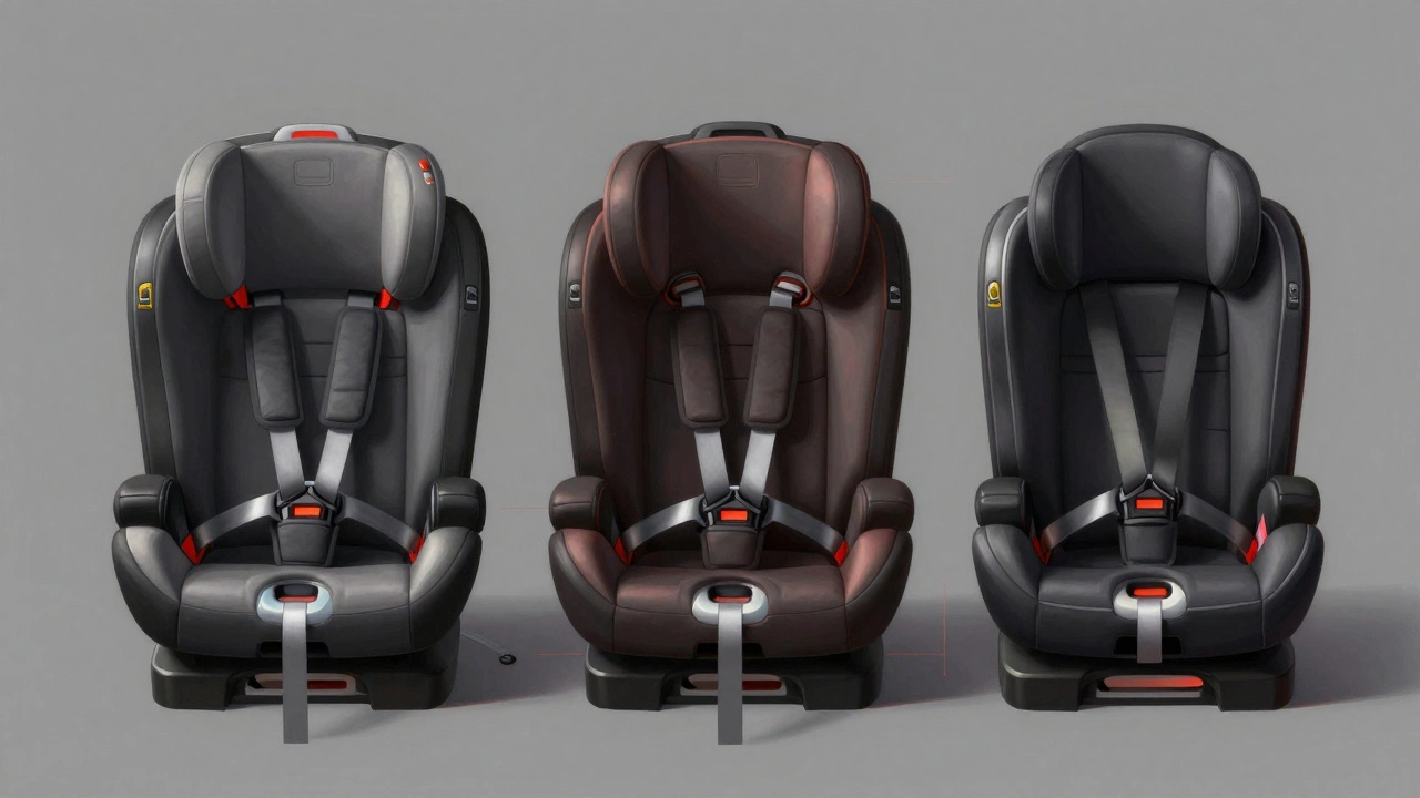 Three car seat types shown with their correct installation methods: lower anchors, top tether, and seat belt only.