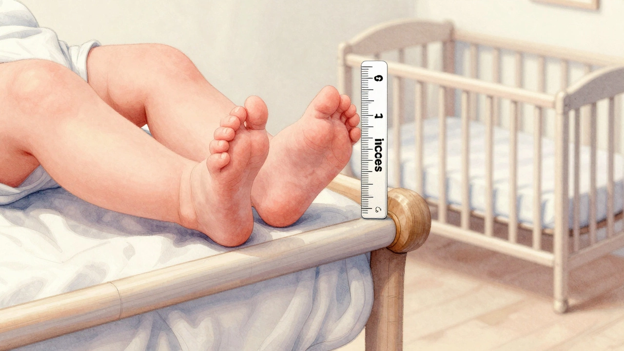 Tiny feet pressing against bassinet bottom with a safety ruler nearby, symbolizing growth limits.
