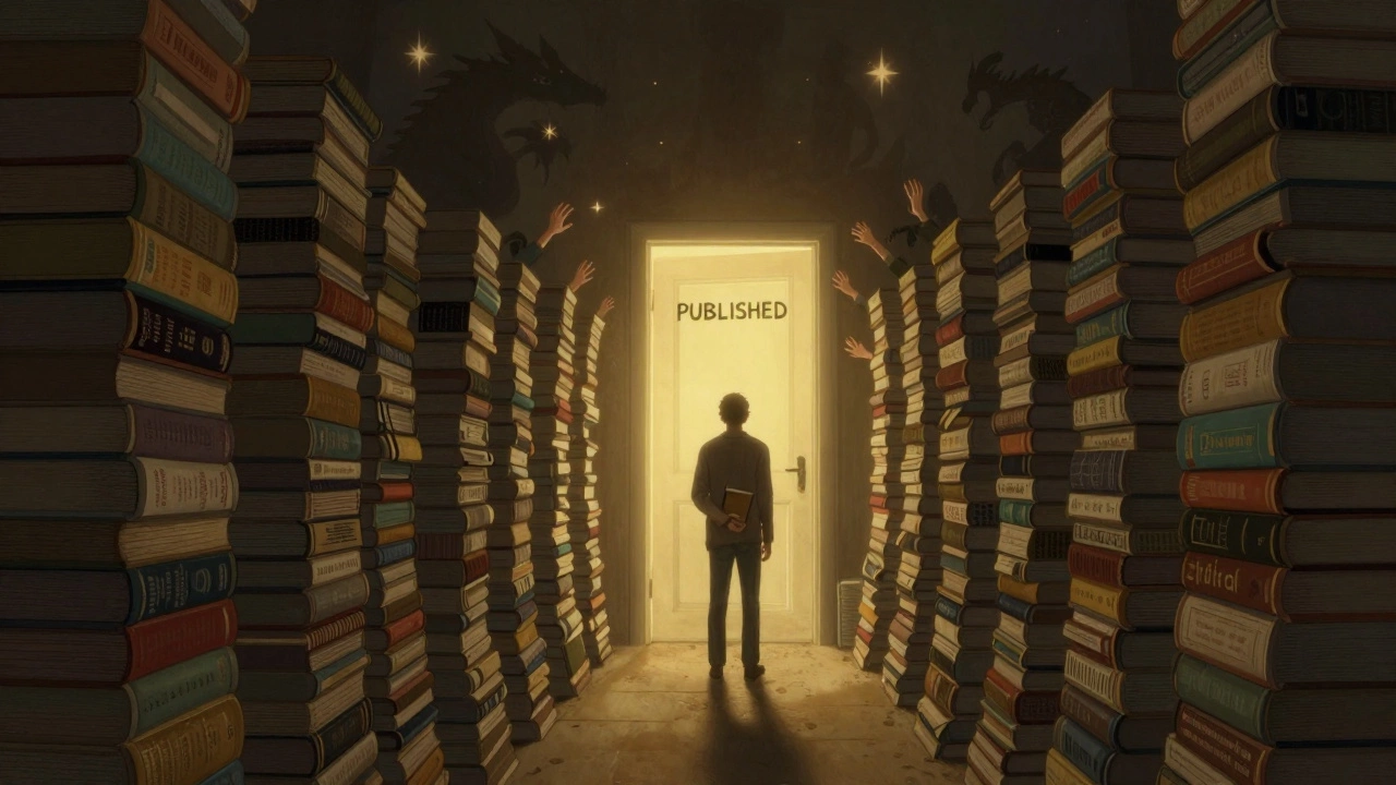 A path of manuscripts leads to a glowing door labeled 'PUBLISHED,' with a determined writer at the start.