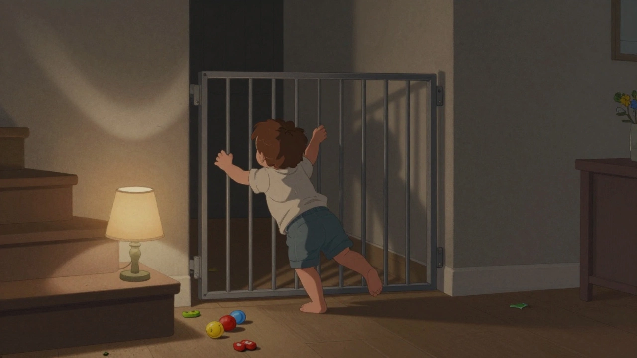 A toddler pushing against a bent pressure gate at the bottom of stairs, with toys and a wobbly lamp nearby.