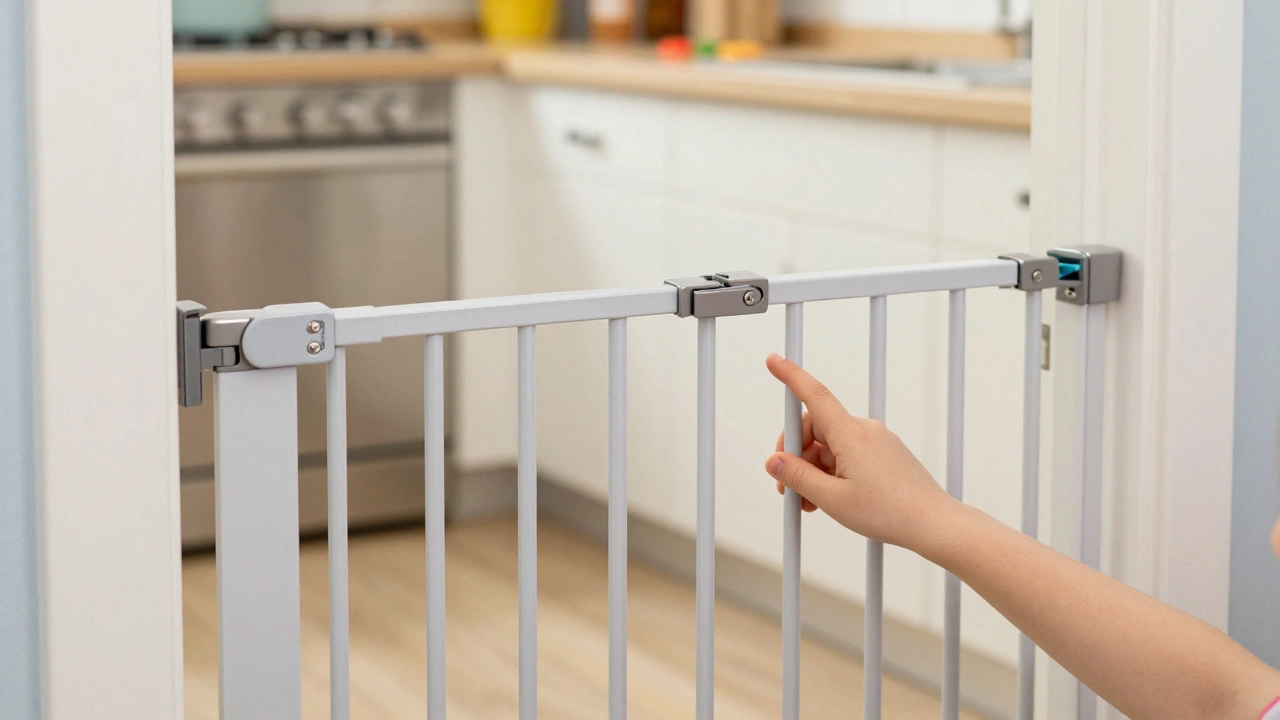 Child's hand pushing against a securely latched baby gate swinging inward at a doorway.