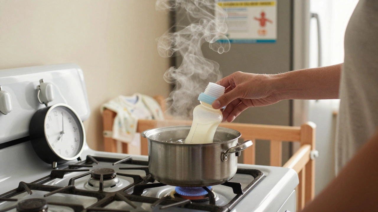 Parent sterilizing bottle parts in a pot of boiling water, with a premature baby's clothing nearby.